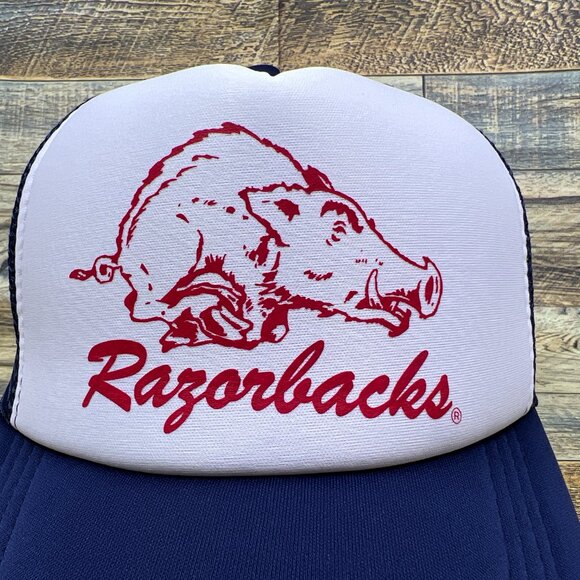 Arkansas Razorbacks Mens Trucker Hat Navy Snapback Vintage Logo Football Cap - Picture 2 of 5